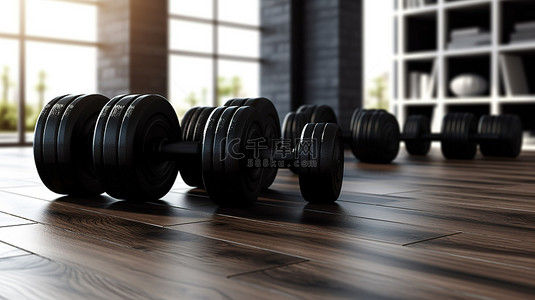 3D 渲染的木质镶木地板上配有训练设备和黑色哑铃的健身室