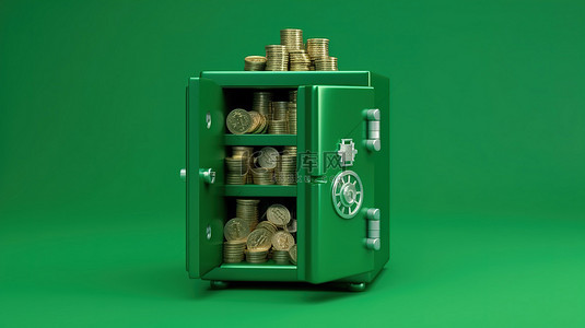 从绿色背景的顶视图中包含比特币加密货币和成堆美元现金的绿色安全盒的 3D 渲染
