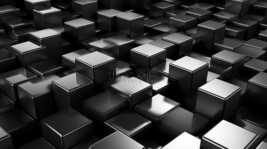 抽象背景中的金属立方体扭曲了黑色 3D 渲染中几何形状的透视