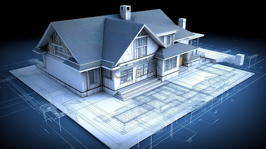 房屋蓝图线框结构的 3D 渲染