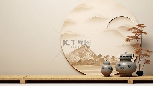 3D 渲染的室内海报，配有日本装饰和木制桌面场景