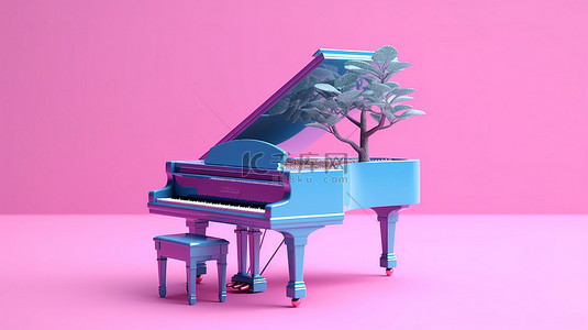 音符旋律背景图片_3D 渲染的粉色背景上舒缓的旋律双音蓝色钢琴