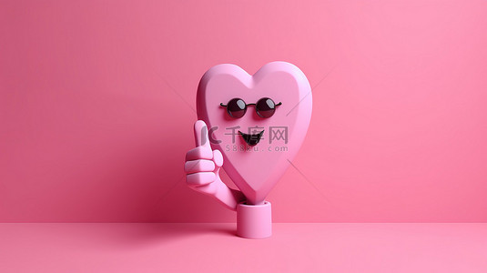 3D 卡通风格的 ok 手势，带有独立粉红色背景上的迷你心形图标