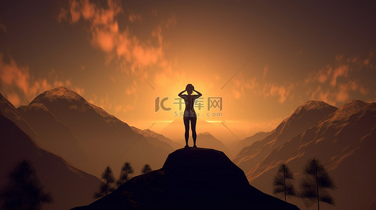 瑜伽瑜伽背景图片_3D 渲染中山顶上一个女人的瑜伽剪影与令人惊叹的日落