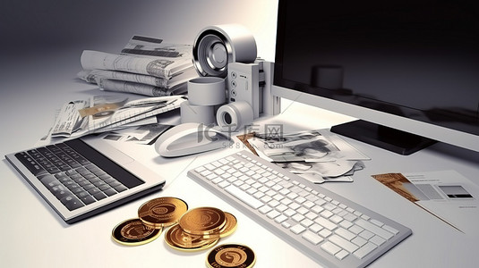 商业市场背景图片_商业创新计算机和图形的 3d 渲染与硬币和钞票