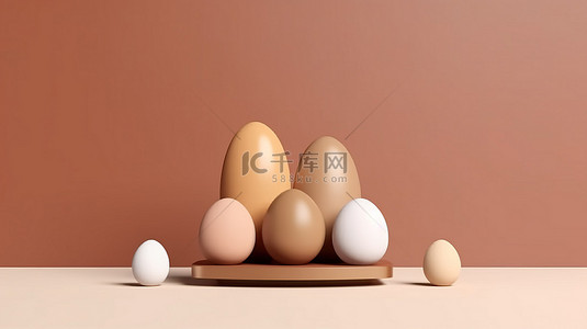 简约的复活节展示彩色鸡蛋，排列在棕色 3D 讲台上，并有主题组合