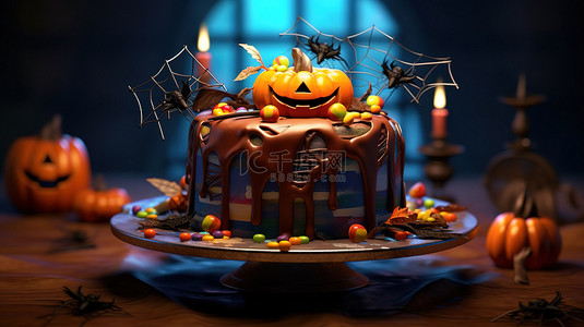 快乐蛋糕背景图片_万圣节蛋糕的怪异 3D 插图，上面装饰着南瓜蝙蝠和蜘蛛网