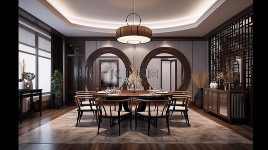 现代餐厅和中式客厅的豪华装饰 3d 效果图