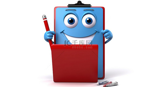 渲染的 3D 蓝书吉祥物在白色背景上拿着红色剪贴板纸和铅笔