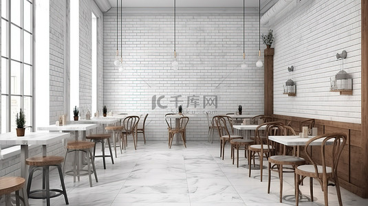 白色大理石和天鹅绒咖啡馆内部与砖墙的 3d 渲染