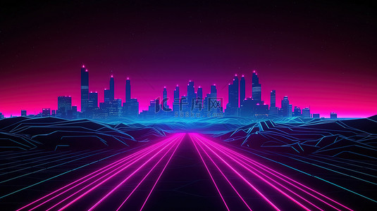 80 年代风格的未来城市，3D 复古波背景霓虹灯夜景