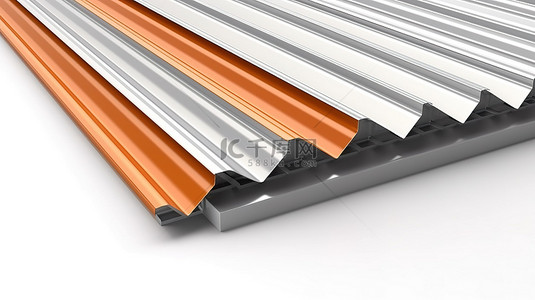白色背景上钢型材板的 3D 插图，屋顶金属板