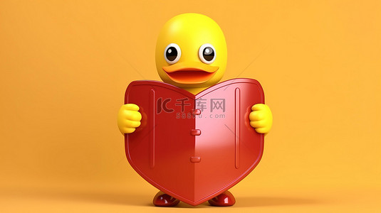 鸭子雪人背景图片_欢快的卡通鸭子角色，戴着红色金属盾，在 3D 渲染的阳光明媚的黄色背景上提供保护