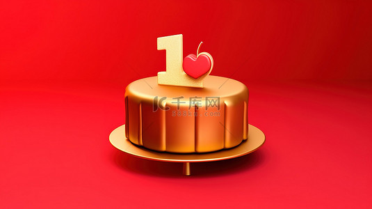 蛋糕生日蜡烛背景图片_红色哑光金板上的金色生日蛋糕图标 3D 渲染的社交媒体符号