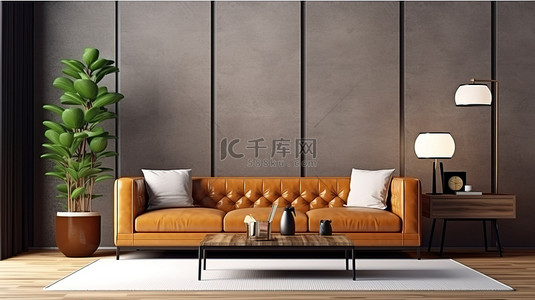 现代风格客厅的 3D 插图，配有棕色沙发和装饰墙背景