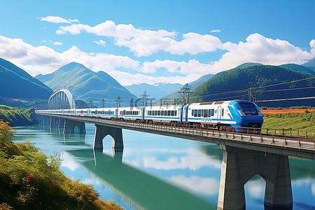 水里背景图片_一列蓝色火车在山后的云层中驶过河流