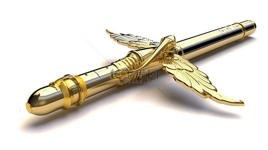 金色的钢笔背景图片_医学写作构思 3D 渲染金色钢笔作为白色背景上的杖符号