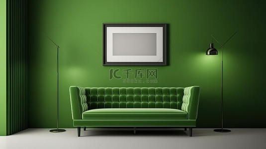 axure原型背景图片_现代客厅中的绿色沙发，配有原型相框 3D 渲染