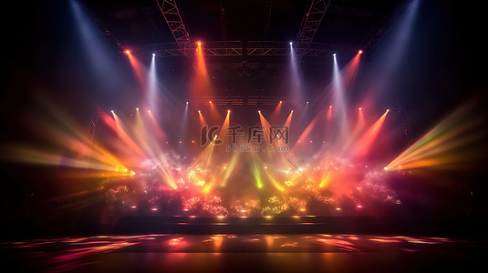 音乐会背景图片_充满活力的多色聚光灯穿透薄雾，营造音乐会氛围 3D 可视化