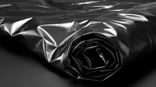 皱巴巴的黑色塑料箔包装的 3D 渲染覆盖