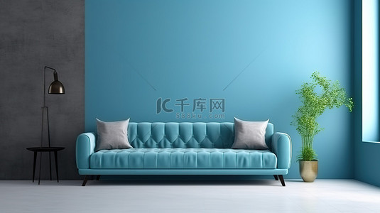 简约品牌背景图片_时尚简约的客厅配有时尚的蓝色沙发和简约的墙壁设计 3D 渲染