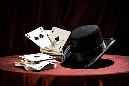 桌子上的背景图片_桌子上的扑克牌和魔术师的帽子