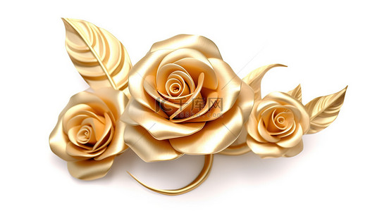 镀金玫瑰设计元素白色背景 3D 渲染中的观赏花卉元素
