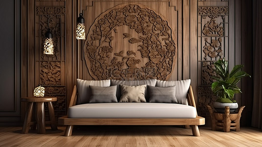客厅中的沙发和中国风格的木质装饰 3D 渲染模型