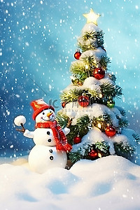 雪人与圣诞树站在雪上
