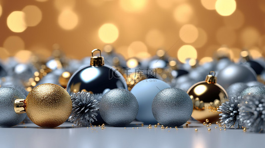 新年假期背景图片_3D 渲染的横幅背景为圣诞节或新年假期展示金色和蓝色的小玩意