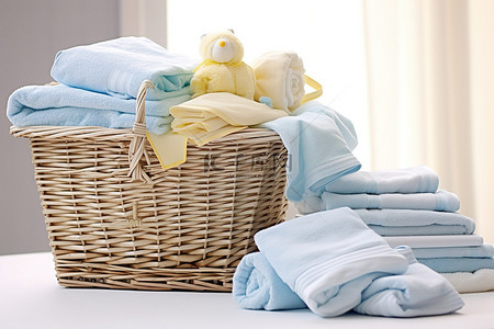洗衣背景图片_一堆放在篮子里，上面放着毛巾和扫帚