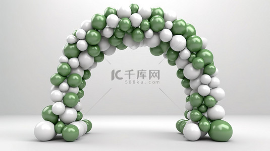 白色背景上形状像弧形门或门户的绿色和白色气球的 3D 渲染
