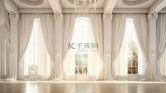 豪华晚餐背景图片_华丽的宴会厅设有白色桌子和 3D 渲染的大窗户