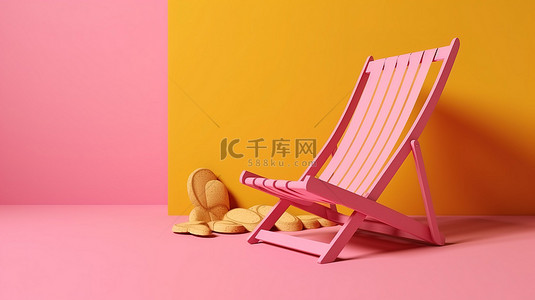 在黄色背景下以 3d 渲染的粉红色沙滩椅和人字拖的后视图