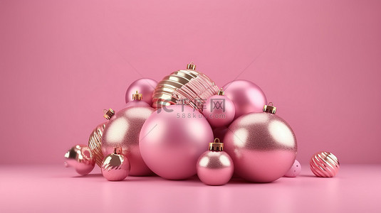 圣诞节和新年装饰品 3D 渲染在粉红色背景上与复制空间