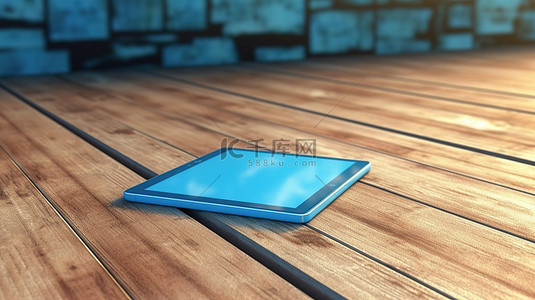 数字平板电脑展示在 3D 渲染的时尚蓝色木质表面上