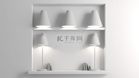 房间桌板背景图片_以白色壁架和三盏优雅的灯为特色的现代 3D 房间设计
