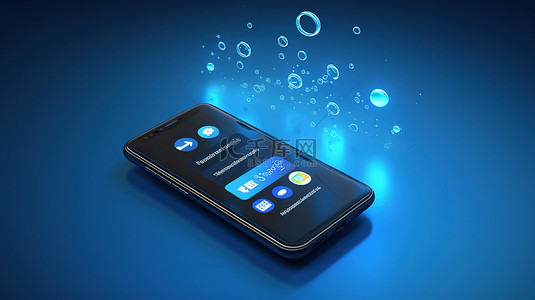 蓝色背景 3D 智能手机显示语音气泡和带有渲染的通知图标
