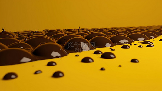 黄色背景下 3D 动画中的黑巧克力滴