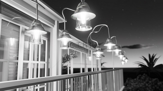 带吊灯的建筑草图阳台房 3D 渲染