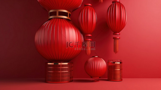 春节装饰背景图片_快乐的农历新年红色中国灯笼在 3D 渲染与背景横幅上的复制空间