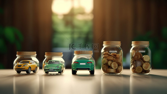 3d 渲染木车和玻璃罐用于存放硬币