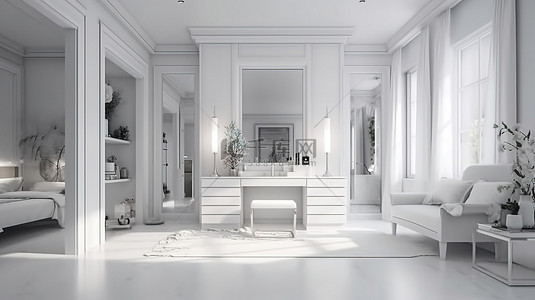 家居化妆背景图片_宽敞的白色卧室配有优雅的化妆台和步入式衣柜，采用 3D 渲染