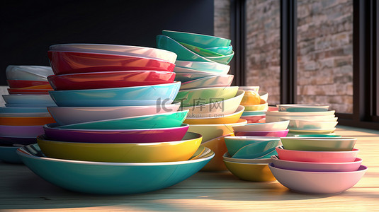 阵列圆圈背景图片_3d 渲染中充满活力的堆叠餐具阵列