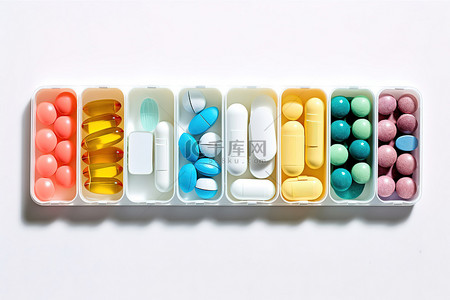 抽屉药盒背景图片_白色背景上有彩虹药品的彩色药盒