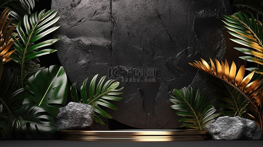 带有黑银和金色背景的讲台的 3D 渲染，饰有岩石和棕榈叶，用于展示产品