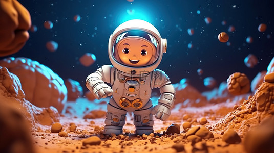 3D 渲染的卡通宇航员在梦幻般的月球景观