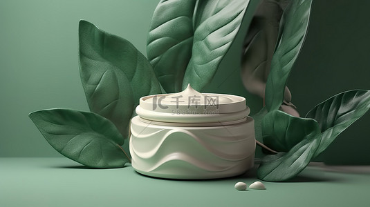 美容霜产品 3D 渲染的绿色讲台演示，具有优雅的叶子
