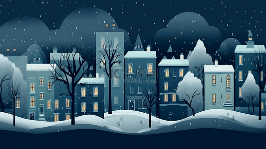 卡通房子外面大雪白色屋顶夜色小树