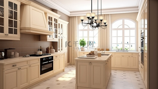 家居窗户背景图片_传统厨房采用 3D 渲染的温暖木材和米色装饰